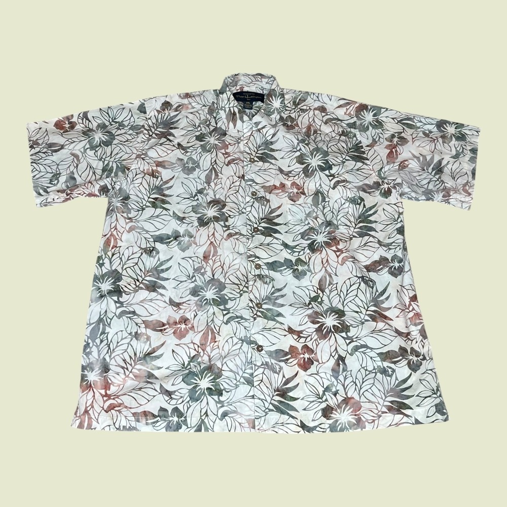 Pete Huntington Bali Mens 2XL Batik Floral Leaf Hawaiian Button Down Shirt White
